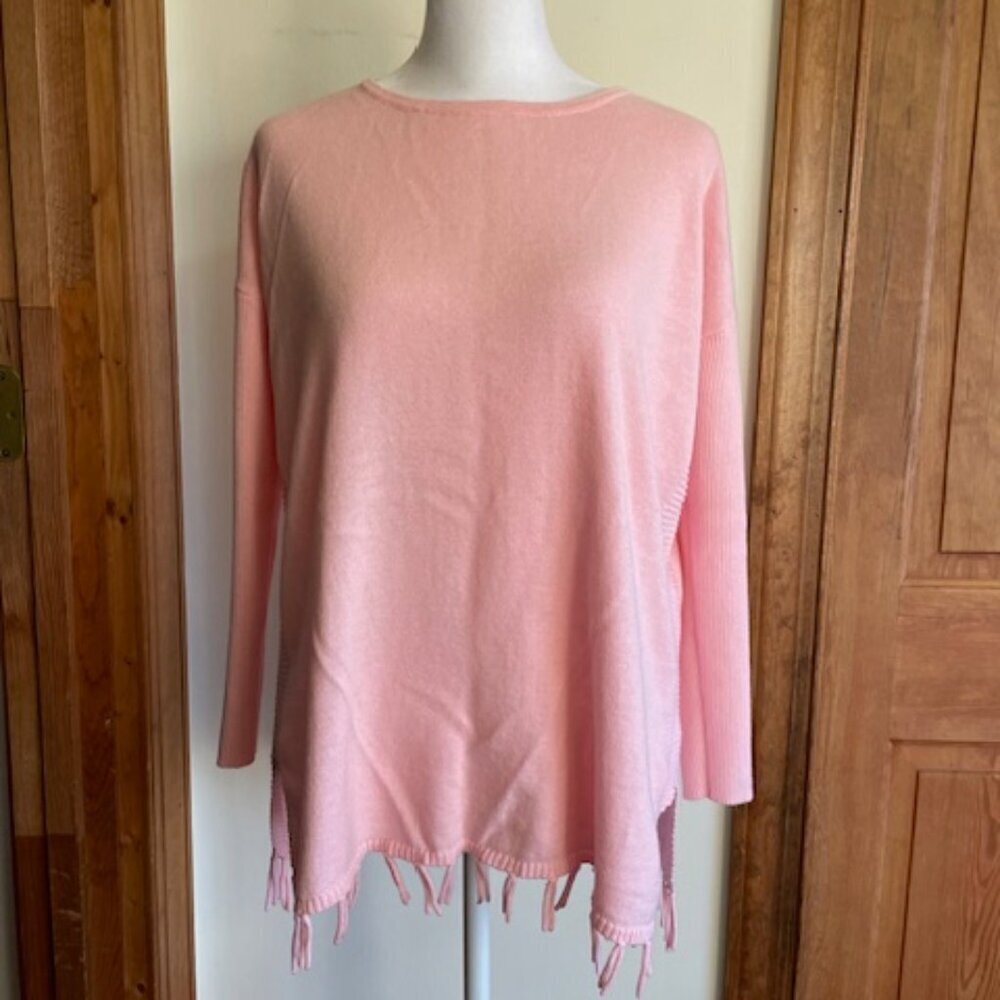 LILLY PULITZER Ribbed Fringe Pink Cotton Long Sleeve Pull On Sweater XL …